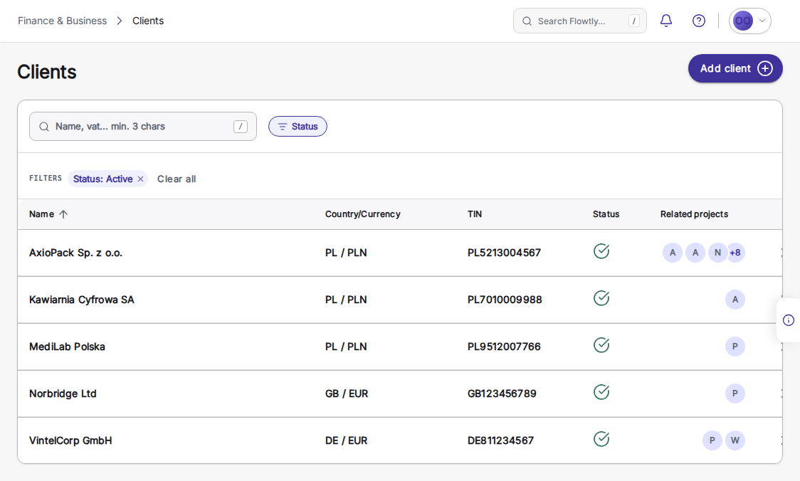Kundlistan Clients i Flowtly med knappen Add client