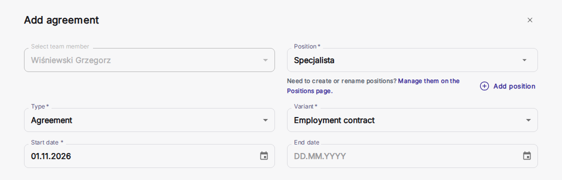 Dialogen Add agreement med fält för befattning, typ och variant