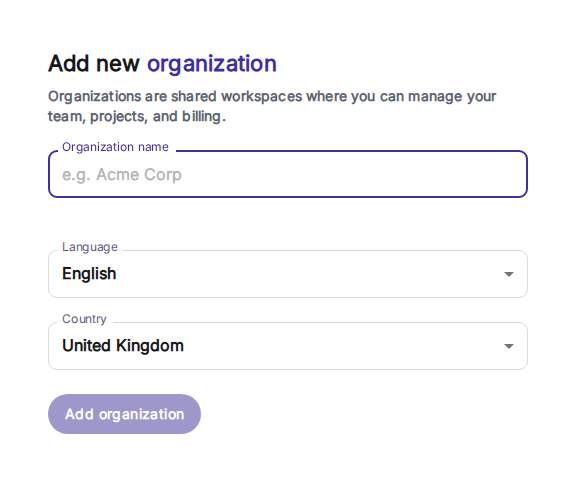 Modal för att skapa organisation med namnfält